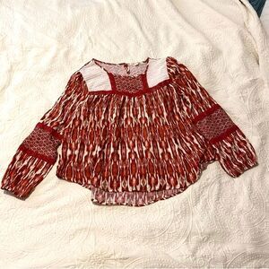 Farmers Market size Medium Boho Mixed Print Flowy Red Lace Trim Blouse